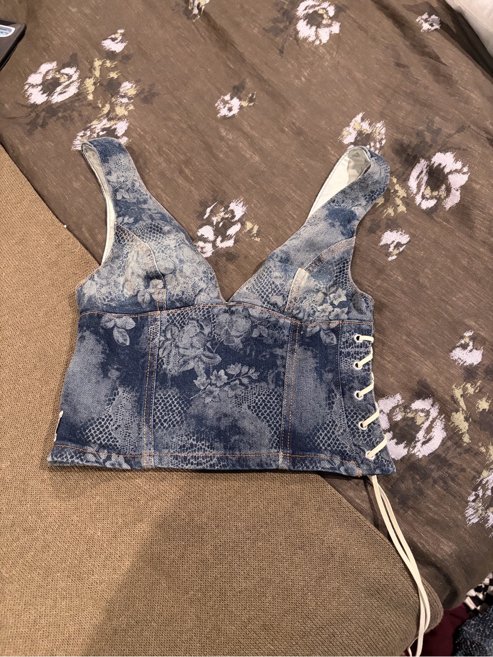 REVICE Blue Floral Lace-Up Denim Crop Top